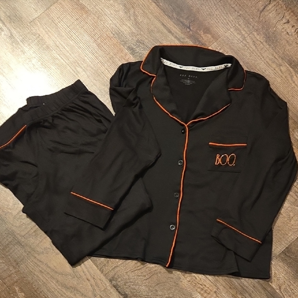 Rae Dunn Black Pajama Set with Orange Trim